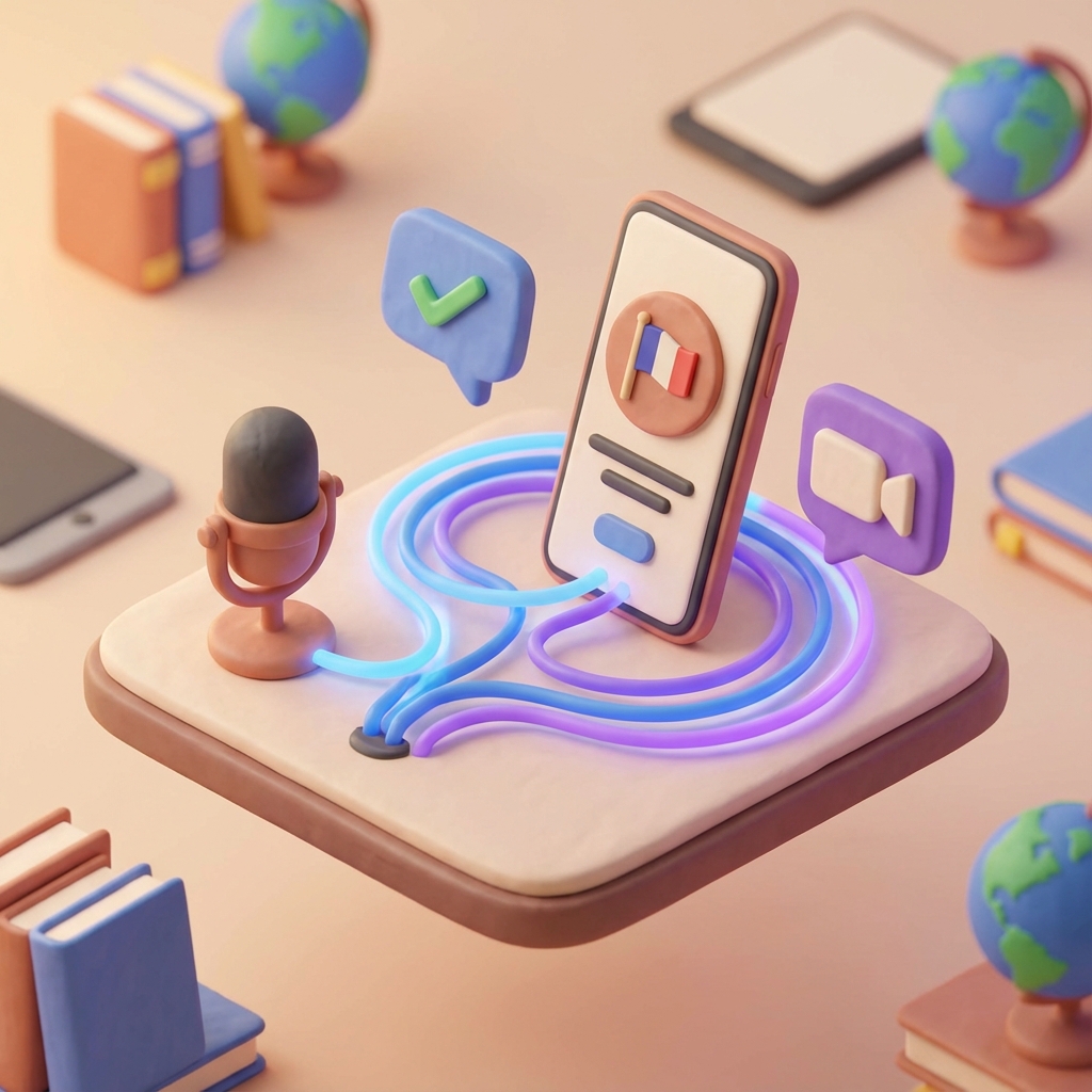 3D isometric illustration of a digital ecosystem connecting mobile apps, microphones, and video tools