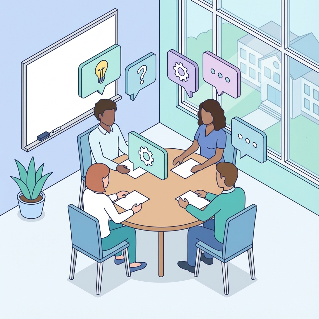 Isometric 2D illustration of a diverse group of students sitting around a table engaging in a discussion, with speech bubbles intertwined