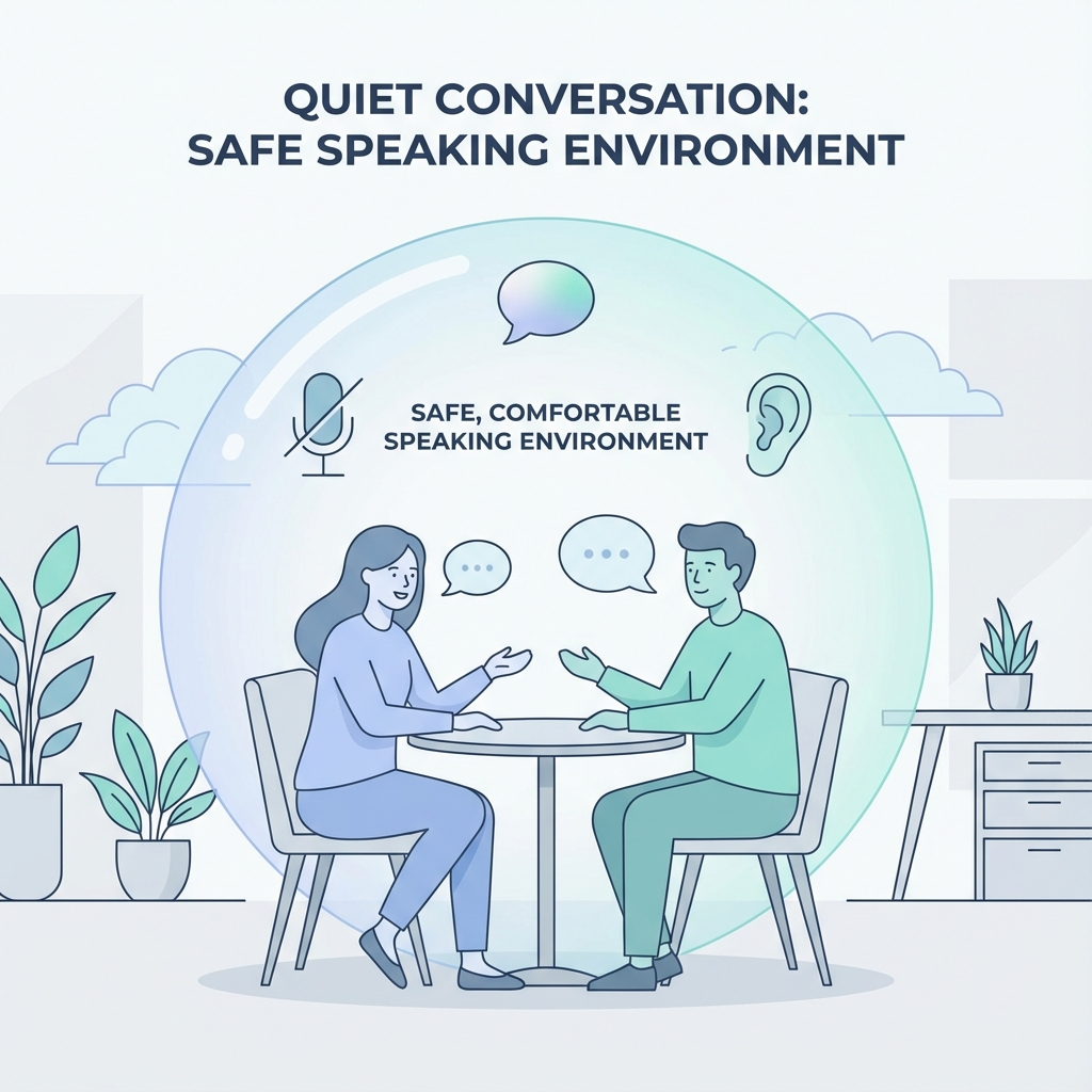 Illustration of two ESL students engaging in a quiet pair work activity, looking comfortable and engaged