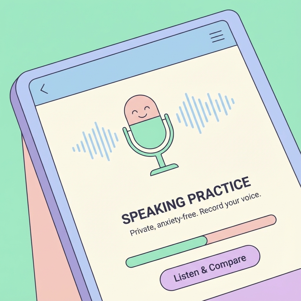 Student using a language learning app on a tablet to practice speaking privately